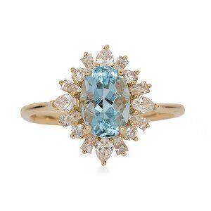 1.37cts Aquamarine Ring in Solid 14K Gold with Natural Diamond Halo